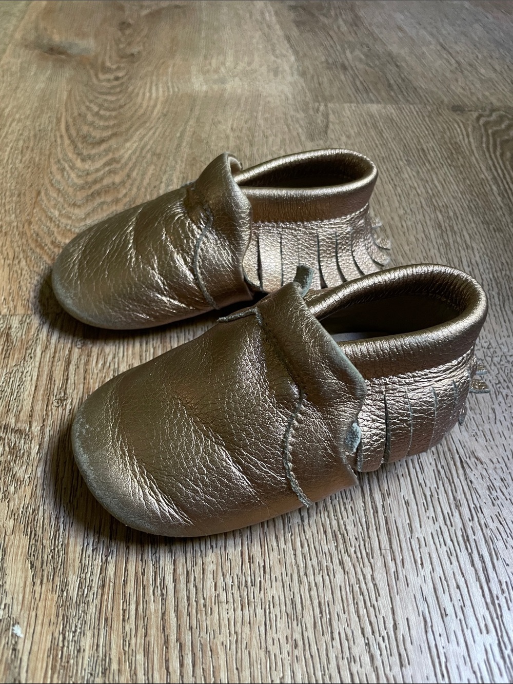 Baby Metallic Bronze Moccasin Slip-Ons with Fringe